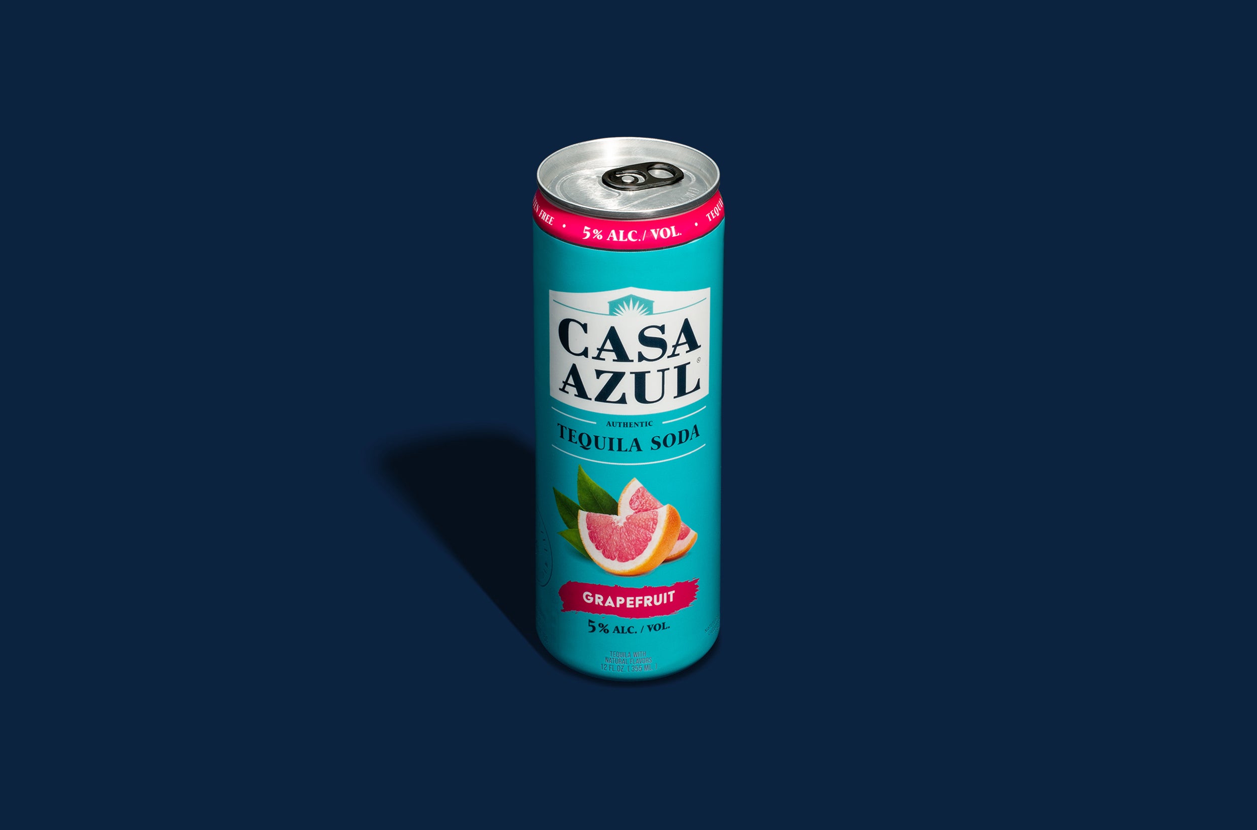 Casa azul grapefruit tequila soda light blue can on navy blue background