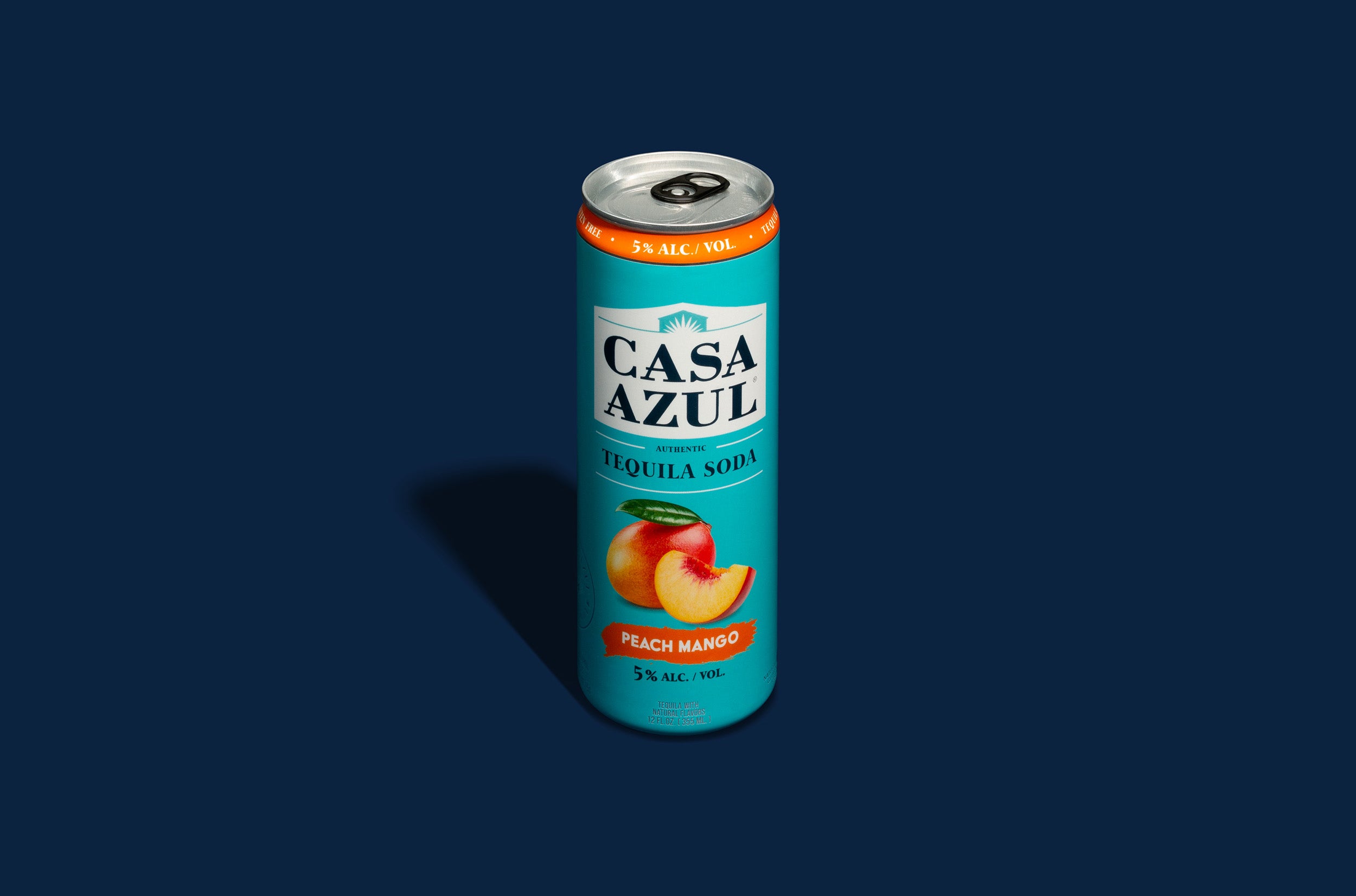 Casa Azul peach mango tequila soda can. 5% alcohol per volume