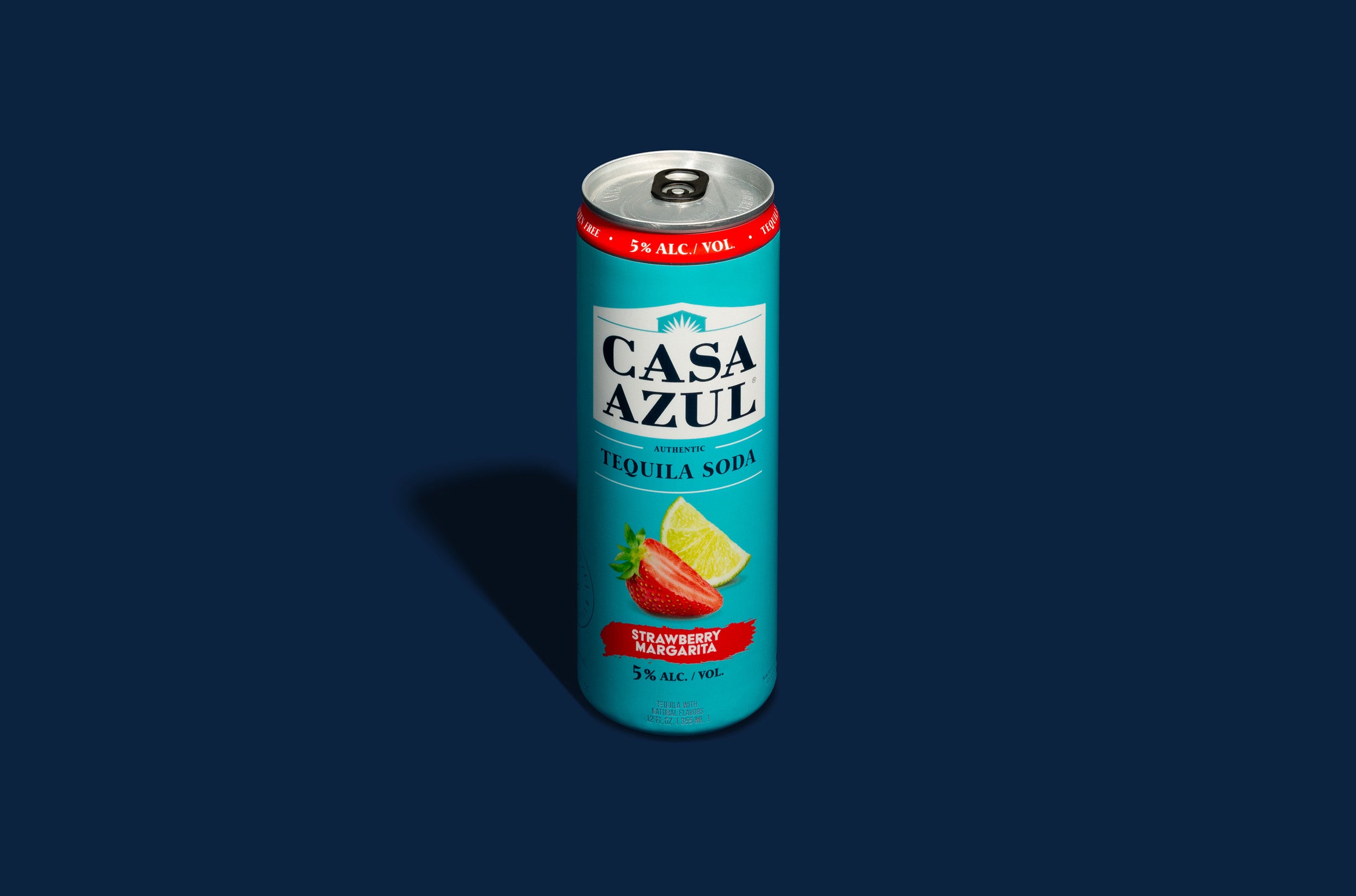 Casa Azul strawberry margarita tequila soda can. 5% alcohol per volume