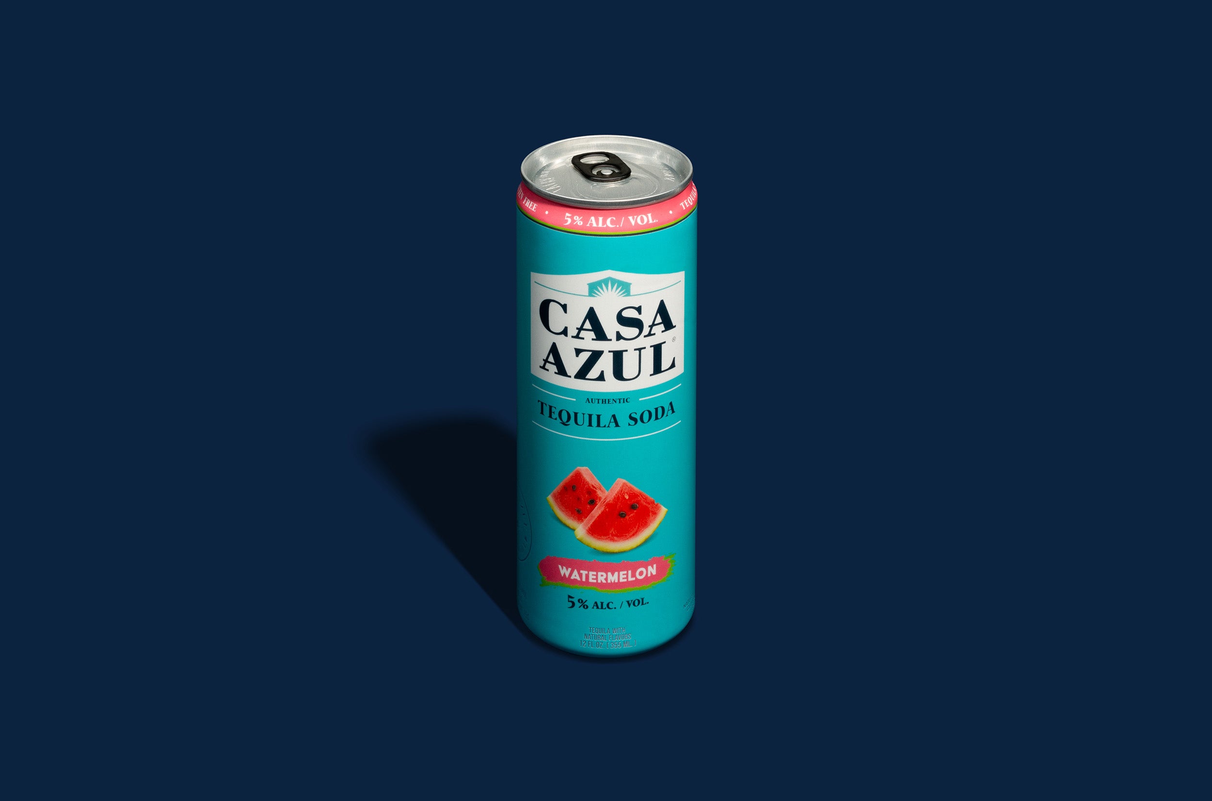 Casa Azul watermelon tequila soda can. 5% alcohol per volume